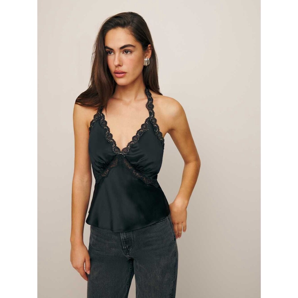 Reformation Black Monica Silk Top, Satin Lace-Trim Cami with Rust Accent